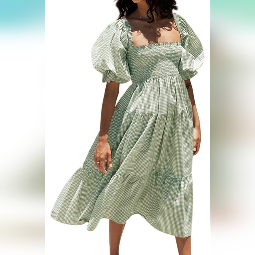 Green Gingham Puff Sleeve Dress NWOT
